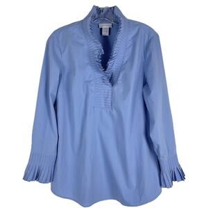 Soft Surroundings blue ruffle lightweight popover preppy shirt top PS